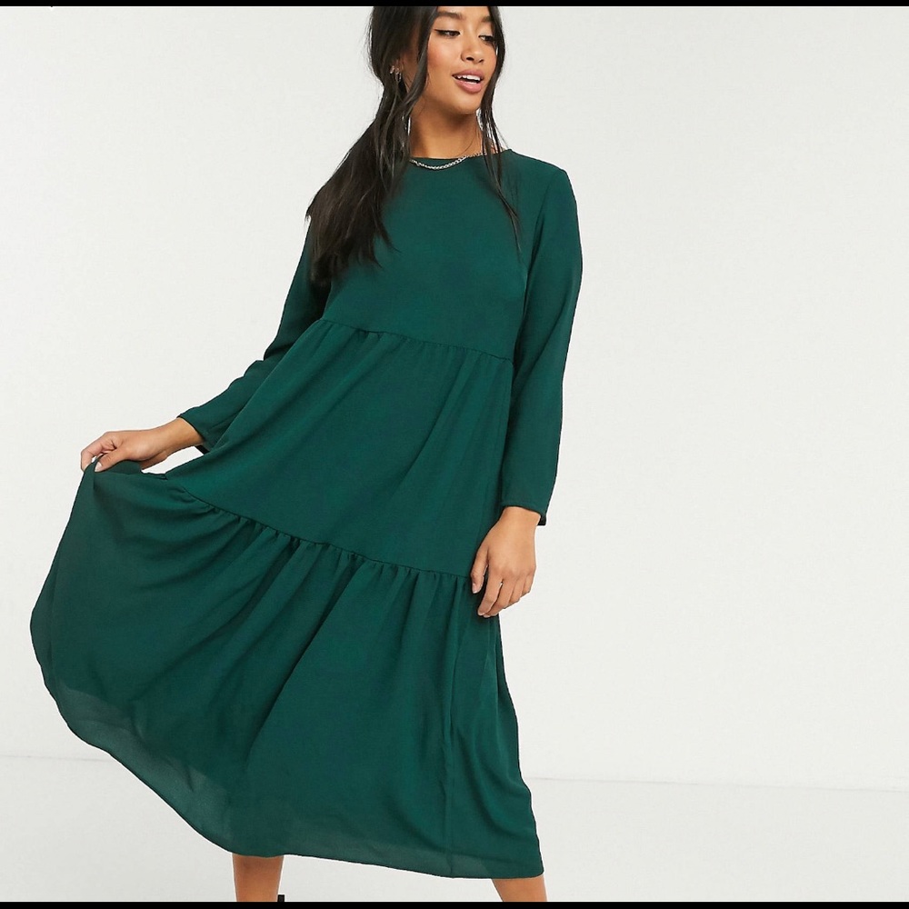 ASOS DESIGN Petite Long Sleeve Tiered Midi Dress